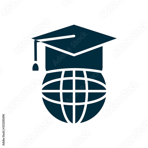 online education concept, graduation cap with global sphere icon, silhouette style