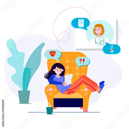 Tele medicine with Therapist. Virtual doctor meeting for therapy, diagnose, pills. Online consultation with your doctor. Stay at home during quarantine. Health care medicine vector illustration.