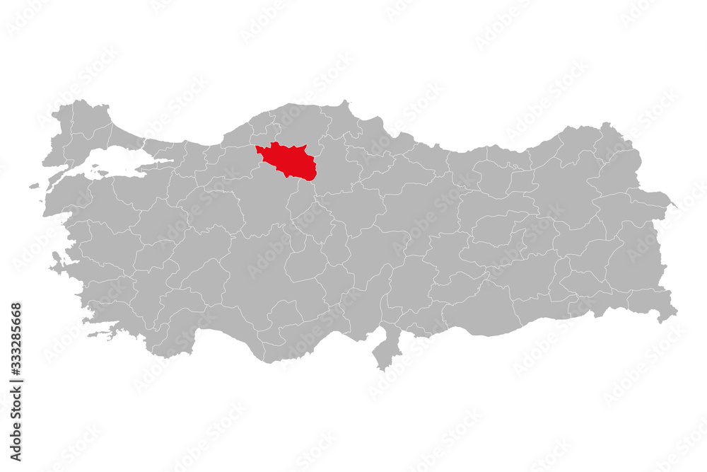 Obraz premium Cankiri province highlighted on turkey map vector. Gray background.