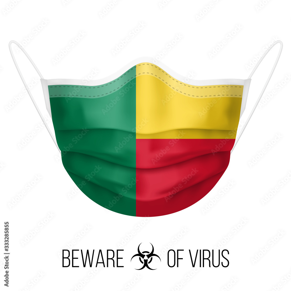 Obraz premium Medical Mask with National Flag of Benin as Icon on White. Protective Mask Virus and Flu. Surgery Concept of Health Care Problems and Fight Novel Coronavirus (2019-nCoV) in Form of Beninese flag