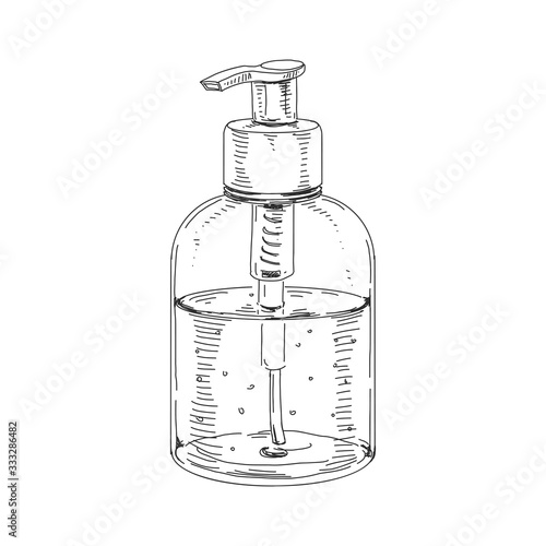Dispenser with liquid soap, retro hand drawn vector illustration.