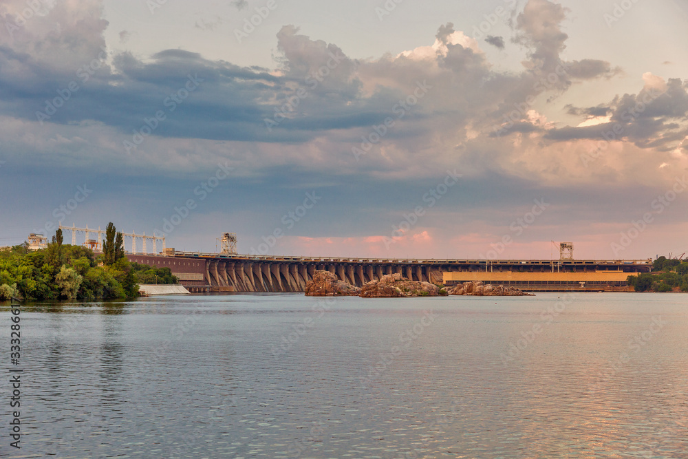 Dnieper River and hydroelectric power plant dam in Zaporizhia, Ukraine.