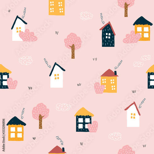 Seamless pattern with cute little houses. Childish scandinavian print. Vector hand drawn illustration.