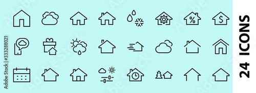 Simple set of line vector home icons. Contains house symbols at interest, infuse house and more. Editable stroke. 480x480 pixels perfect