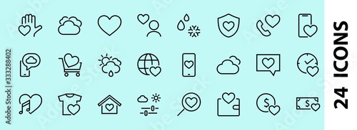  The set of icons about love contains such icons as love of music, declaration of love, heart, favorite home, Linear set. Vector on a white background. Editable stroke. 480x480