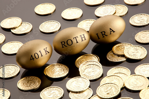 Gold nest eggs and coins concept for retirement, savings, and financial planning