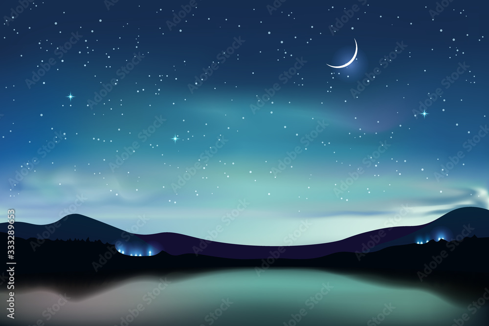 Mountain lake with dark turquoise starry sky and a crescent moon, night sky realistic background, vector illustration.