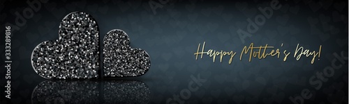 Mothers Day banner, website or newsletter header. Black glitter hearts on dark background with golden lettering. Vector illustration.