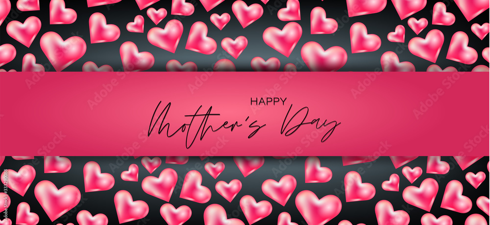 Mothers Day banner, website or newsletter header. Pink hearts on black background with lettering. Vector illustration.
