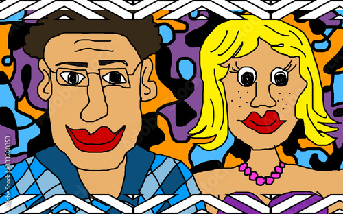 Hand drawing portraits  of middle aged couple  line drawing childish style  man and woman   colorful horizontal