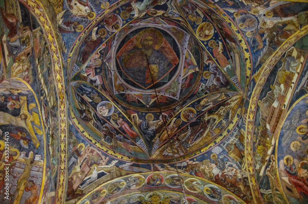 Frescos on interior of Humor Monastery located in Gura Humorului, Romania, is one of the first of Moldova's painted monasteries. Frescos on interior of Humor Monastery located in Gura Humorului, Romania, is one of the first of Moldova's painted monasteries.