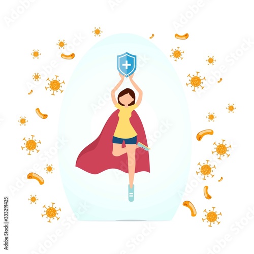 Immune system vector icon logo. Medical prevention of human germs. A healthy woman reflects an attack of bacteria with a shield. Enhance immunity with medicine concept illustration.