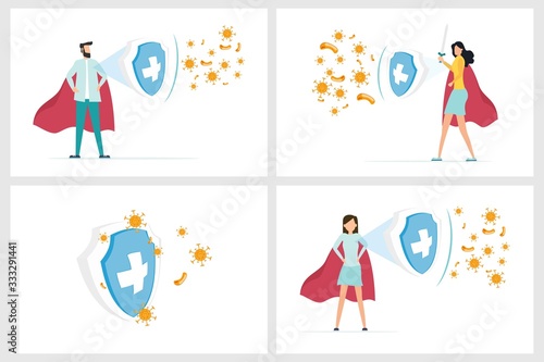 Set Vector illustration fight covid-19 corona virus. cure corona virus. people fight virus concept. corona viruses vaccine concept. end of 2019-ncov. don't be afraid of the corona virus concept.