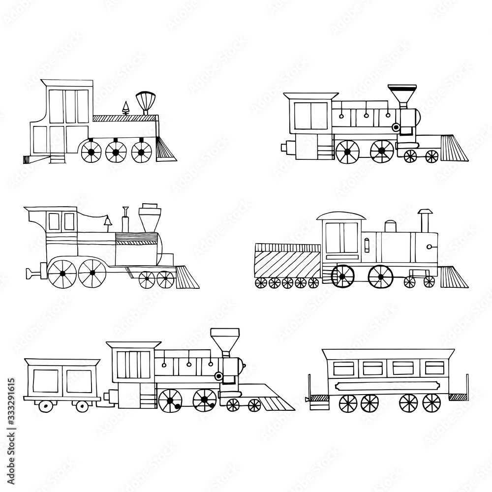 Vector Set of vintage locomotives on a white background.