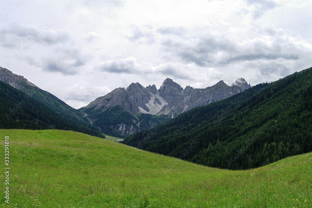 Summer view to meadow and mountain range in Axamer Lizum area, Tyrol, Austria