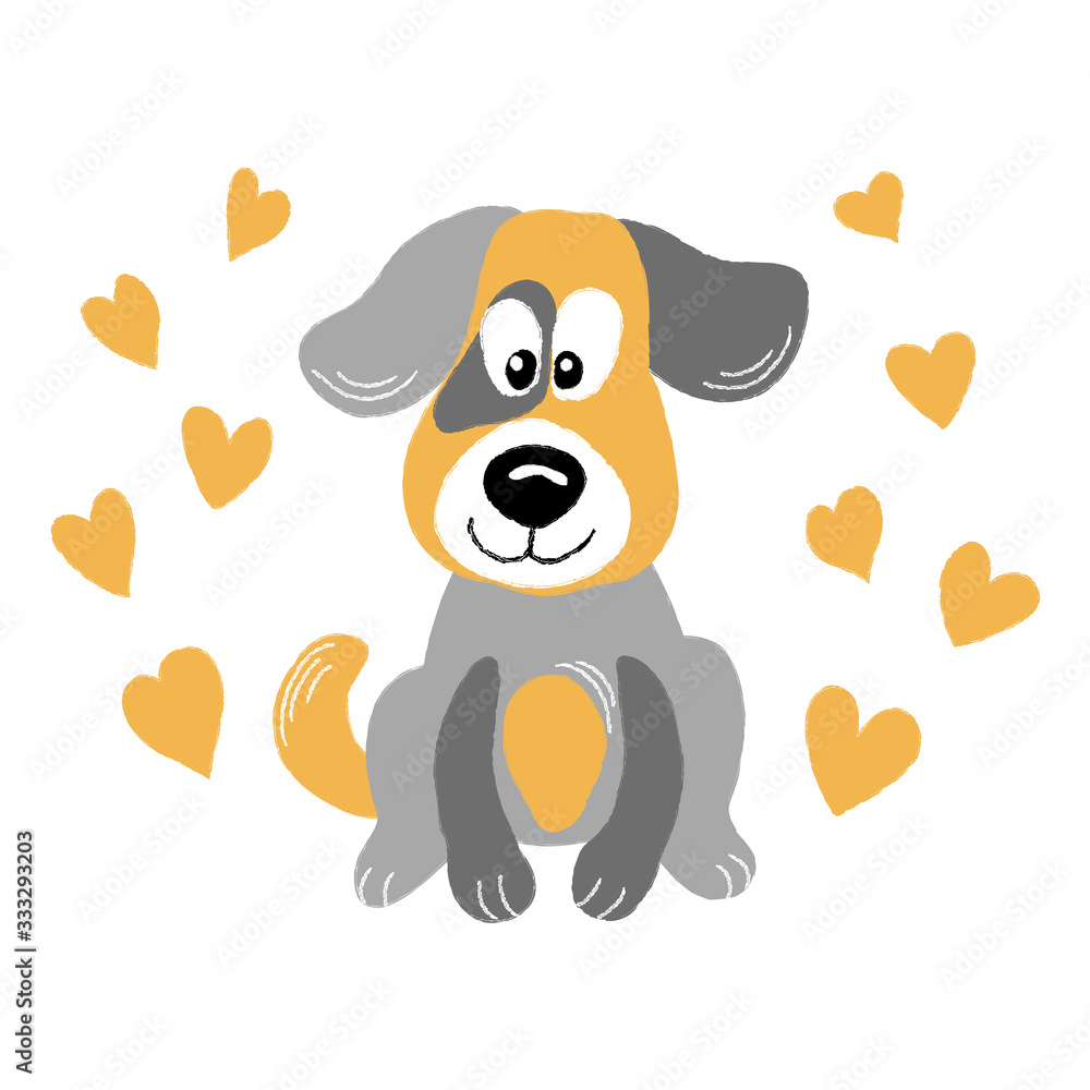 Obraz premium vector dog gray cute baby puppy pet with hearts background card illustration for textile childish posters