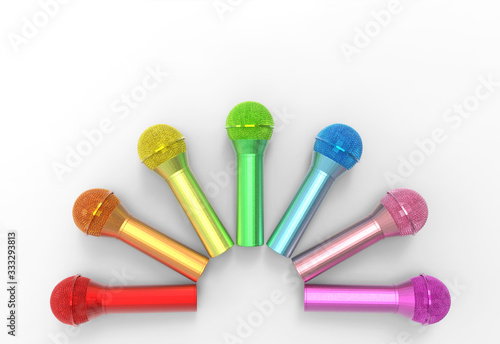 3d rendering. Lgbtq+ rainbow color microphone row on gray background.