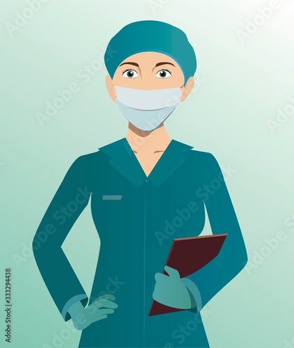 Young caucasian female doctor with face mask , protective gloves and hairnet holding clipboard