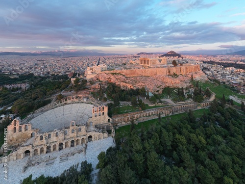 Aerial view of Acropolis of Athens  the Temple of Athena Nike  Parthenon  Hekatompedon Temple  Sanctuary of Zeus Polieus  Odeon of Herodes Atticus  Erechtheion at sunset