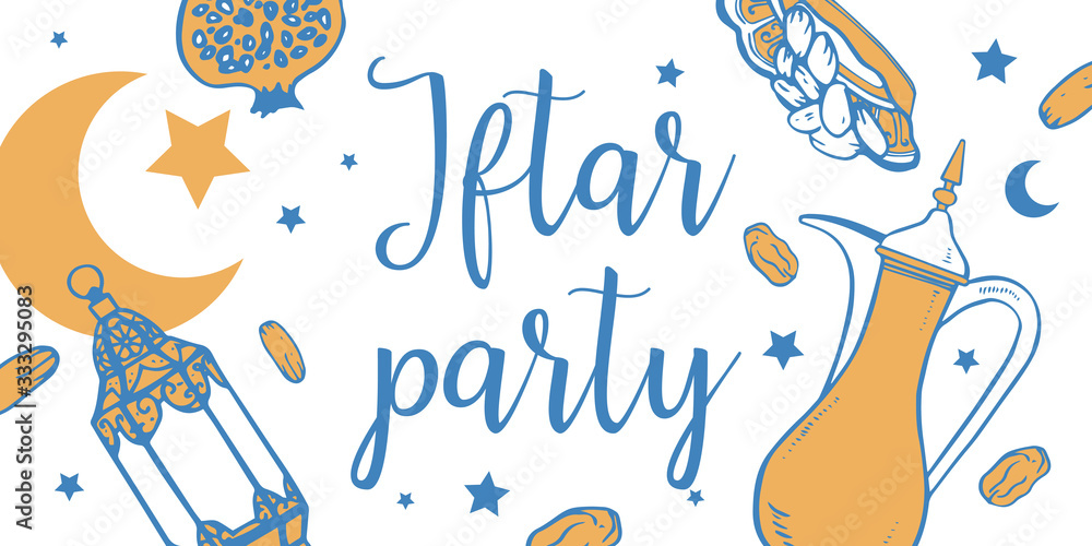 Fototapeta premium Iftar party horizontal banner. Traditional Ramadan objects and food