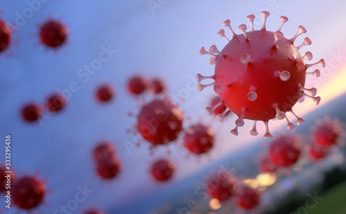 A group of coronavirus covid-19 viruses molecules bacterias in the air approach a settlement. 3D render.