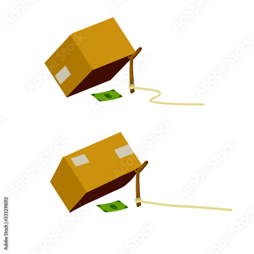 Cardboard box and trap. Children practical joke. Dollar and pitfall. Business problem. Stick on rope. Flat cartoon. Concept of financial problem. Funny comic Money bait