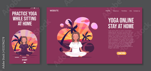 Yoga at home online. Vector template for yoga lesson website homepage with cute girl doing yoga and meditation. Person relaxing in lotus pose and imagine herself at the beach. Vector flat illustration
