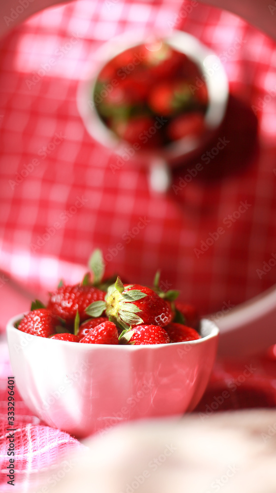 Group of strawberry in a white bowl, Strawberry in red background, Group of strawberry in a white bowl, Strawberry in red background,