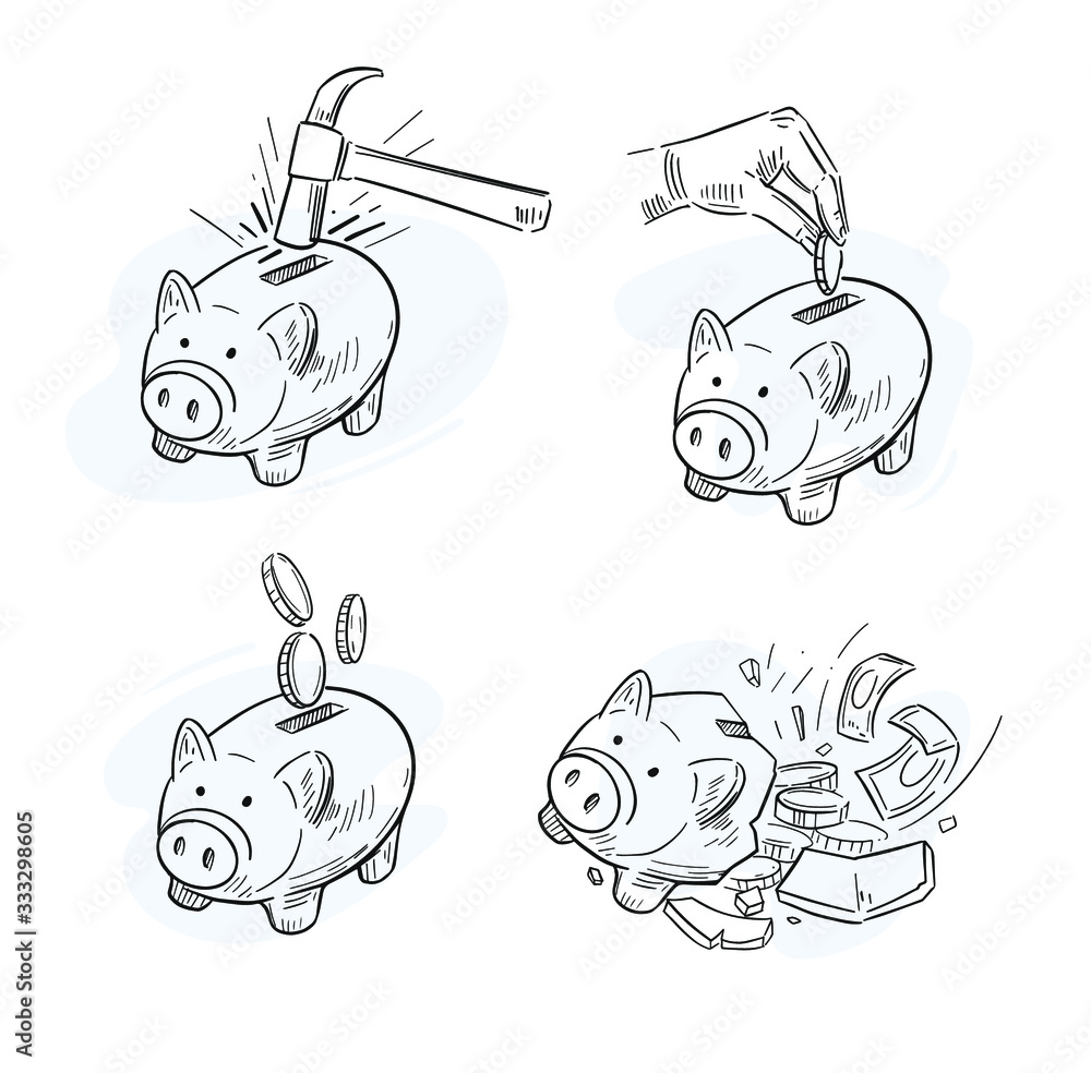 Obraz premium Piggy bank icons. Broken piggy bank. Vector illustration in lineart style.