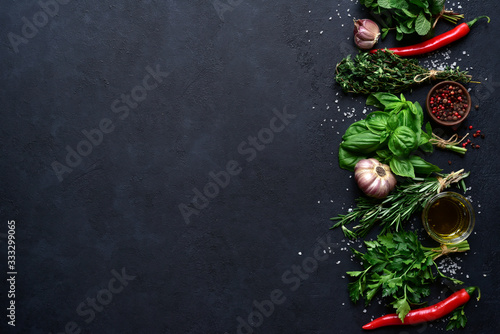 Aromatic fresh herbs and spices. Top view with copy space.