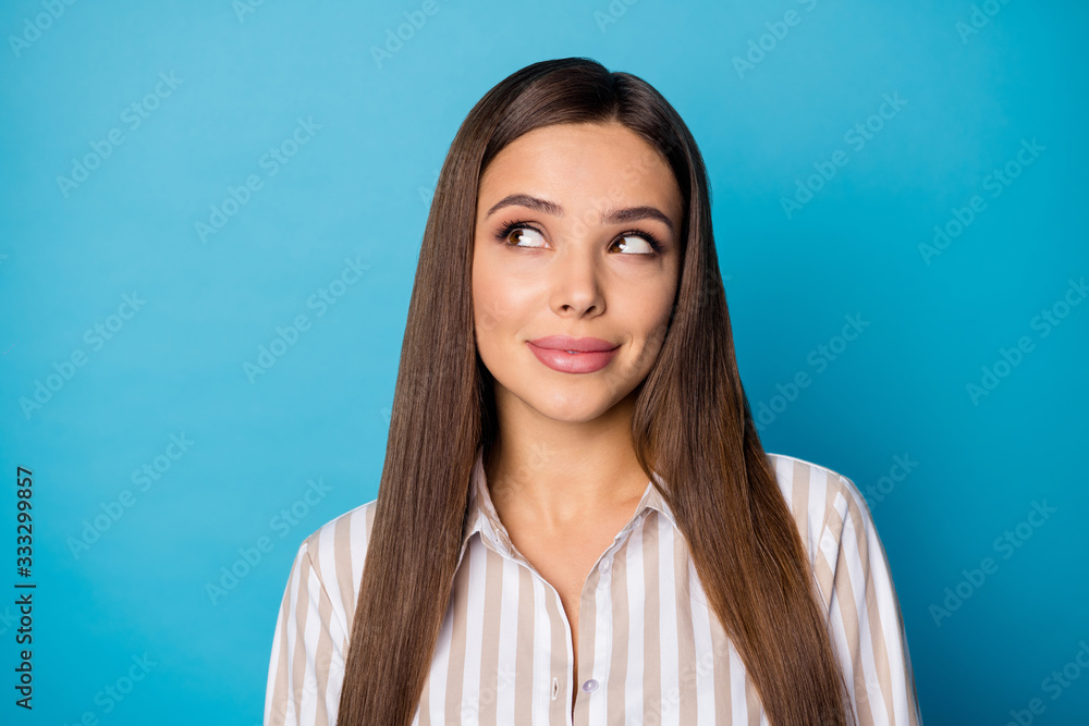 Fototapeta premium Close up photo of minded interested girl loom copyspace think thoughts about her work job plan wear stylish modern clothes isolated over vibrant color background
