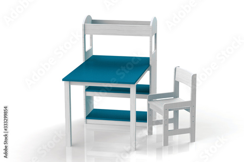 Furniture for children. Table with whatnot. Highchair. 3D render.