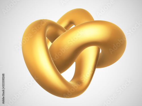 3D golden torus knot isolated on white background. Glamorous and luxury golden decoration element. Symbol of infinity and endlessness made of gold. Vector illustration of abstract geometric shape.