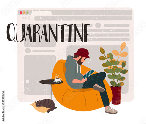 Quarantine and workflow at home due to coronavirus. Freelancer guy working at home with pets and plants. Social distancing and self-isolation during covid-19 virus quarantine. Vector illustration