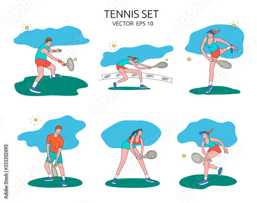 People playing tennis. Set of vector illustrations in a flat style. Isolated on a white background. Sports concept.