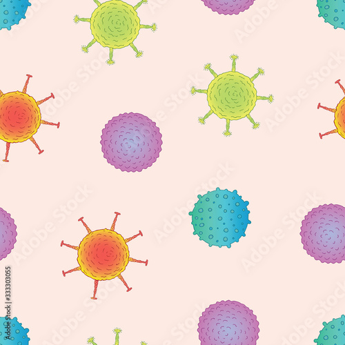 Vector bright hand drawn seamless pattern with different viruses on a light background