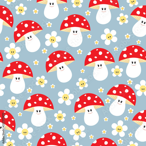 Seamless pattern with mushrooms and flowers.