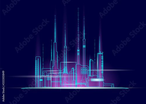 Dark illustration of neon factory with pipes; chimneys and industial objects; buildings.