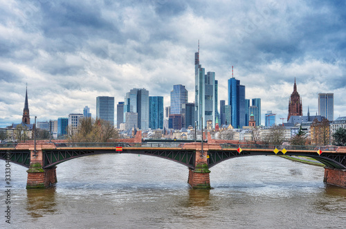 Frankfurt Main  Germany  skyline with dramatic clouds over the skycrapers