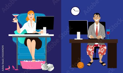 Man and woman having an online date, sitting at home in front of their computers, EPS 8 vector illustration