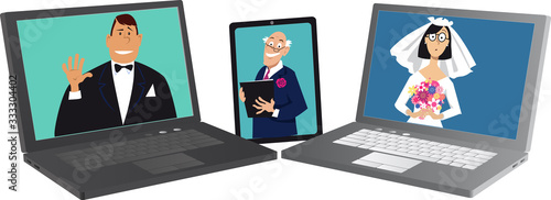 Wedding performed online with bride, groom and officiant communicating via different devices, EPS 8 vector illustration