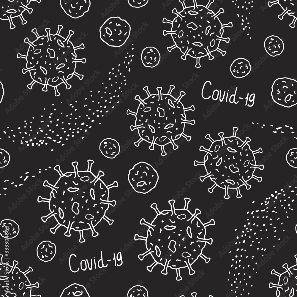 Coronavirus hand drawn griffonage. Flu virus texture. Seamless pattern white doodle isolated on black background. Vector surafce design