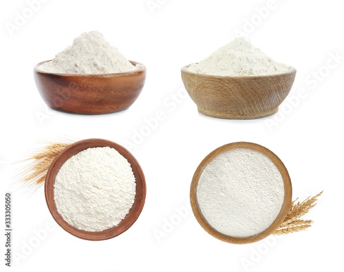 Set of organic flour on white background