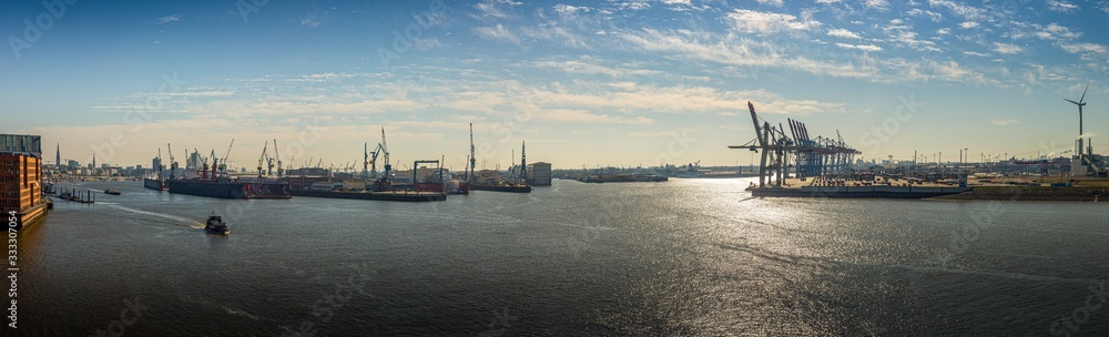 Harbour panorama of Hamburg in good weather with Elbphilharmonie