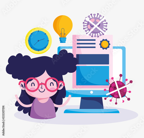education online, cute girl computer diploma, coronavirus pandemic