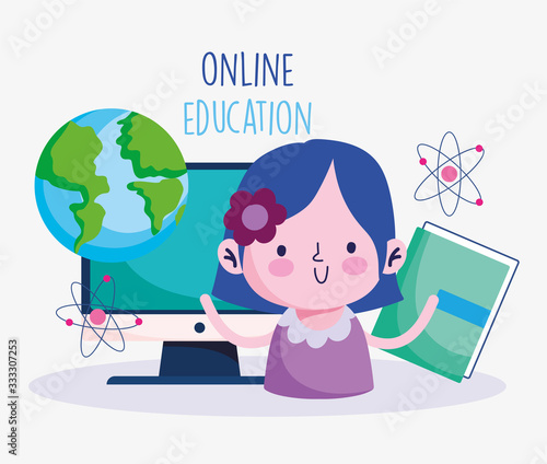 education online, cute girl with book and computer world study, coronavirus pandemic