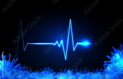 abstract background of digital ECG heartbeat pulse line wave monitor and Coronavirus Covid-19 flu in wuhan china