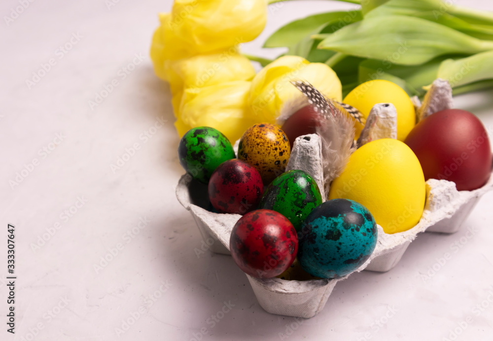 yellow tulips on a concrete background and a tray with colored eggs, happy easter yellow tulips on a concrete background and a tray with colored eggs, happy easter