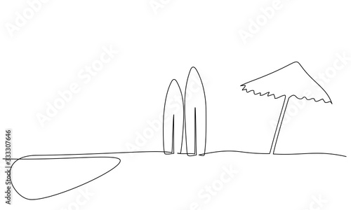 Long surfboard standing up in sand of beach