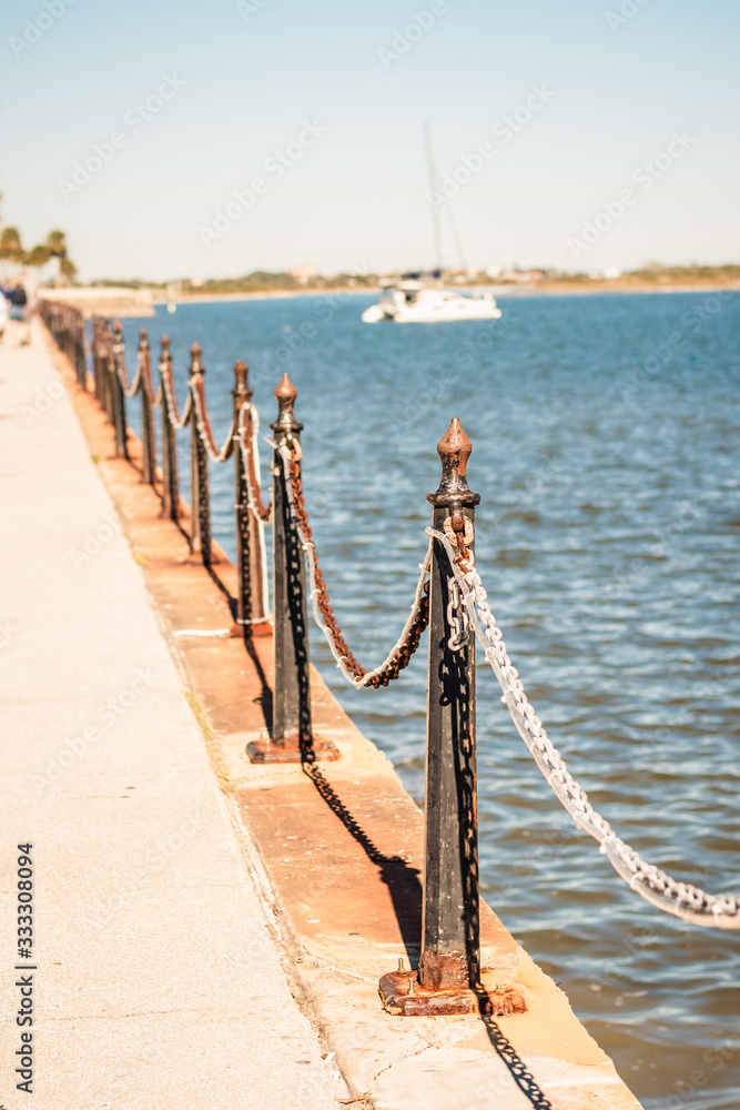 Metal Posts and Metal Lining Walkway Along Sea Wall